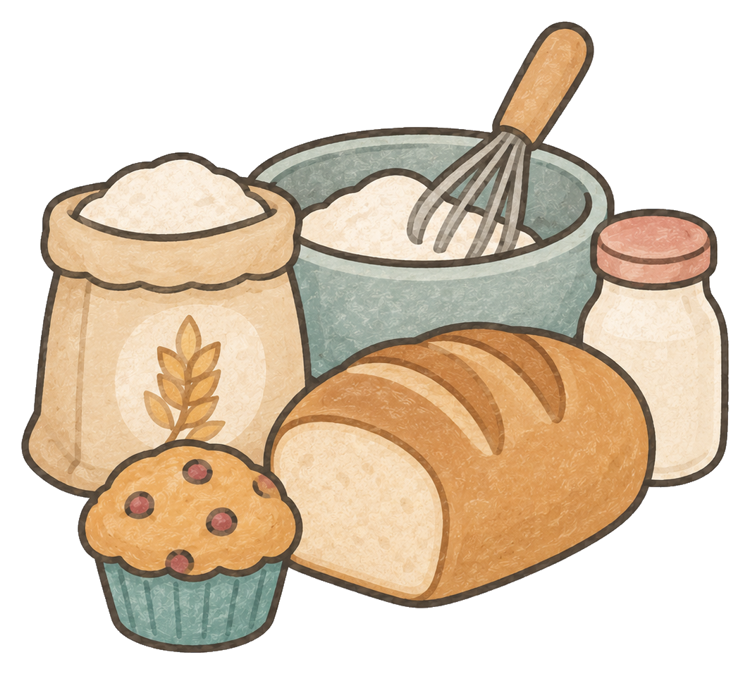 Homemade baking ingredients and fresh bread